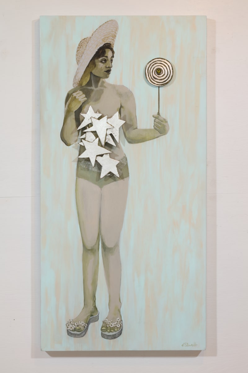 "Shimmer" by Lisa Shinault  Image: View of "Shimmer" seen while 'wearing' "Stars". Can also be seen without "Stars" in another view. The spiral held by the figure is a 3 dimensional piece on round wood panel that can spin in place when movement is started by hand.  Part of "Dressing Room- Interactive Paper Doll" series. Dimensions are variable when interactive panels are added or removed. 