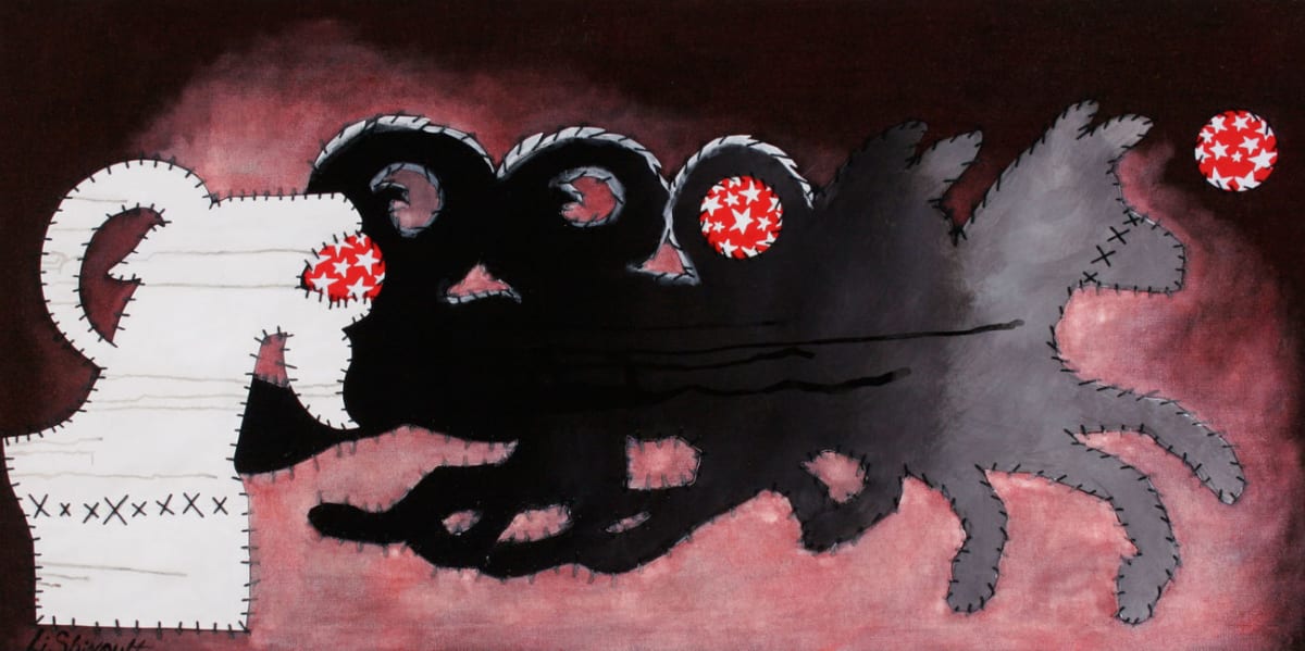 The Chase by Lisa Shinault  Image: Silhouette of running dogs chasing red balls with star designs with goat in the forefront.