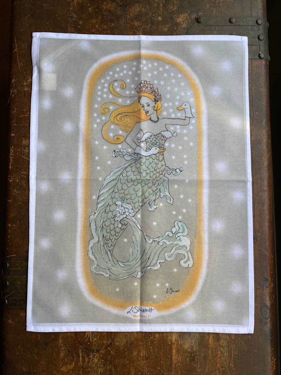 "MerMay I"- Digital Tea Towel Print by Lisa Shinault  Image: These Tea Towels make wonderful hostess gifts ! Made from LiShinault original image reverse glass art of the same title. 
The lovely mermaid has duck gloves and also an ocean wave for a tail. 
(Some changes were made to background by LiShinault for the tea towel print). 
After use, these can be washed preferably in the gentle cycle
