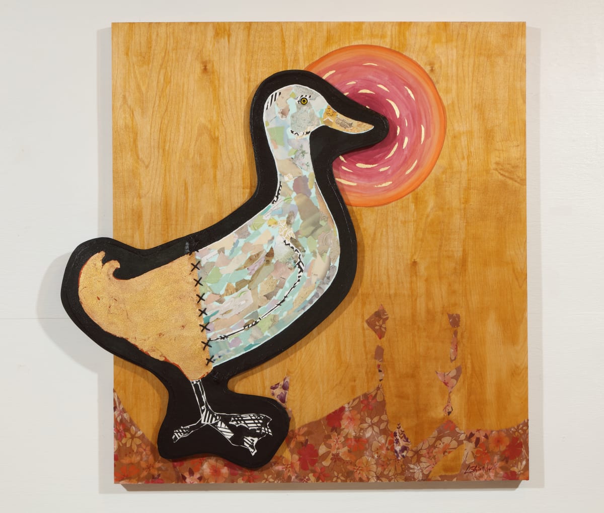 "Lovely Duck Golden Pond" by Lisa Shinault  Image: Rearrangeable art made up of two panels, one and abstract base, and the other a duck shaped panel made to hang on the base or by itself making the artwork both abstract as well as figurative. This image shows the 2 in 1 artwork placed together.  This view measures 40"H X 40"W .
