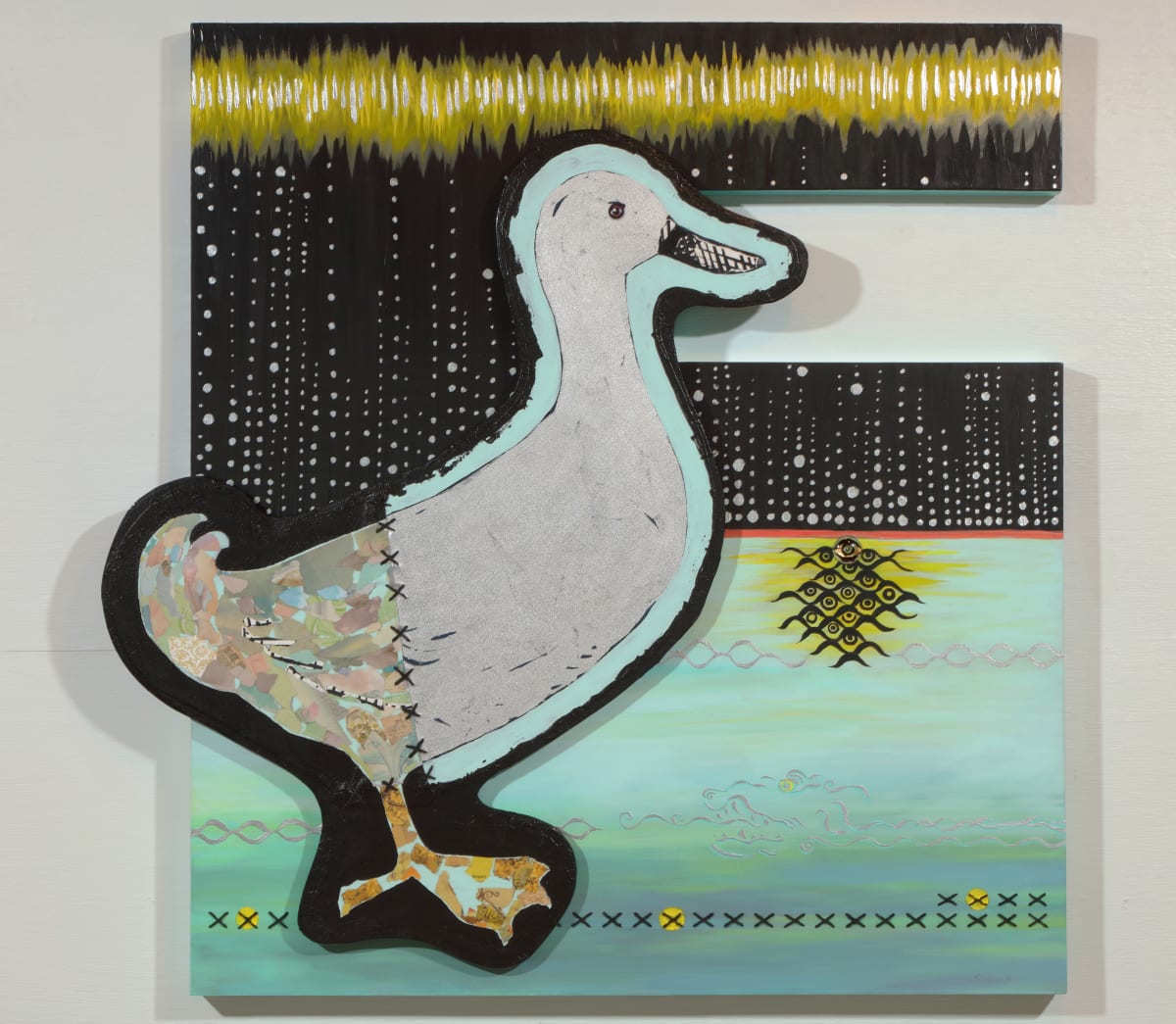 Lovely Duck Silver Lake by Lisa Shinault  Image: Rearrangeable art made up of two panels, one and abstract base, and the other a duck shaped panel made to hang on the base or by itself making the artwork both abstract as well as figurative. This image shows the 2 in 1 artwork placed together. This view measures 40"H X 40"W X 3"Depth 