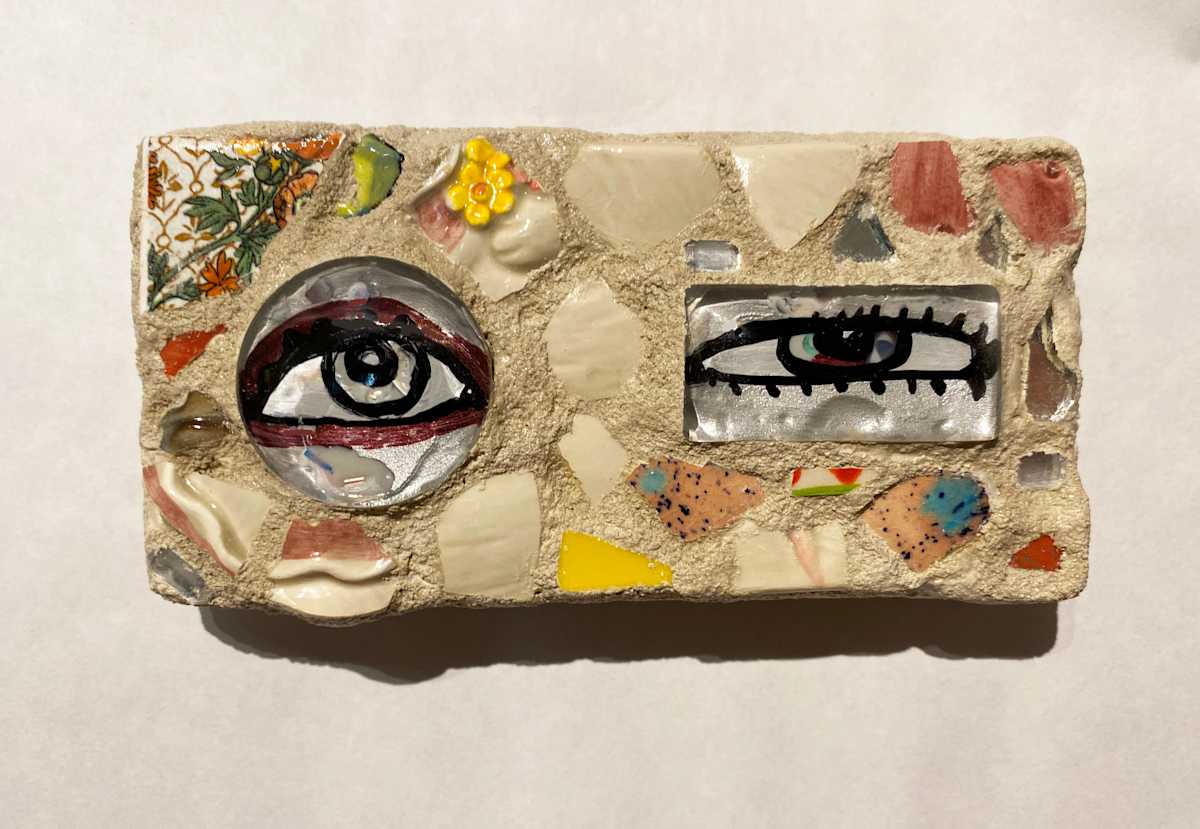 Reflector XXXII (Eye Mosaic #32) by Lisa Shinault  Image: Mosaic on stone tile made up of reverse painted & collaged glass, mirror, & hand painted and found tesserae