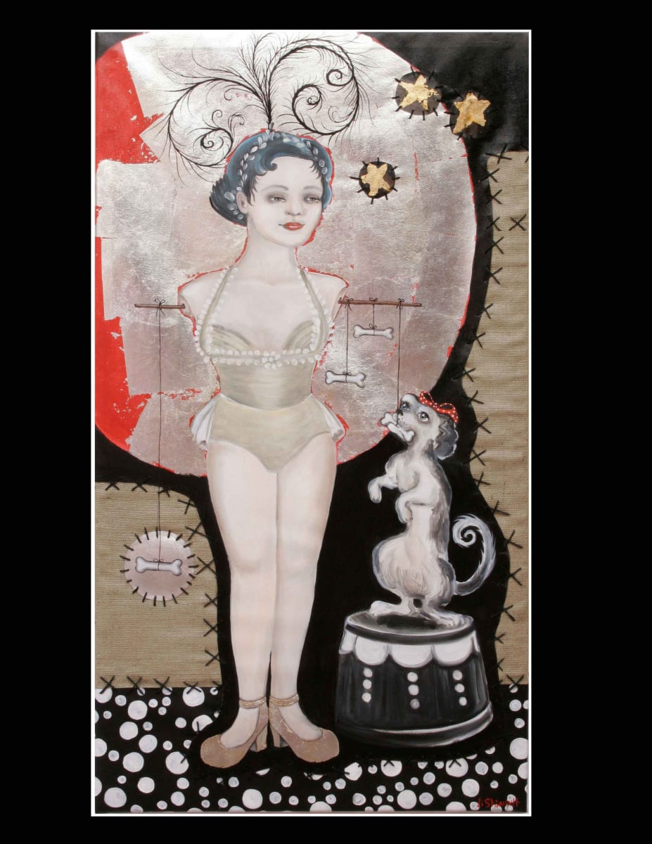 Treat by Lisa Shinault  Image: A 1920's stylized Venus inspired showgirl doll poses with her circus dog in the silver spotlight. 