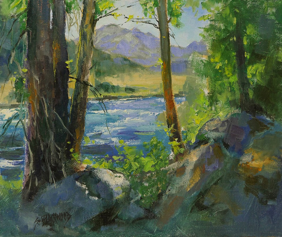 View From the Trees  Image: Sitting on the side of the Yellowstone River, I painted this looking back at Yellowstone National Park.
This is the famous river the Lewis and Clark explored. My intention is to invite you to sit with me as I watch the water flow by.