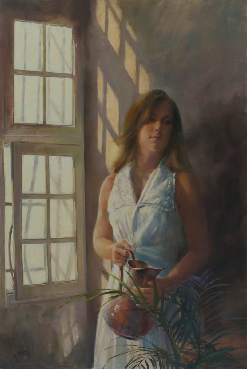 Remembering  Image: I saw found this window in France and knew it would be in one of my paintings. When I got home I called one of my models. She was perfect in front of this window. Later I added the edge of the table and the plant in the foreground. To me, she is watering and remembering....