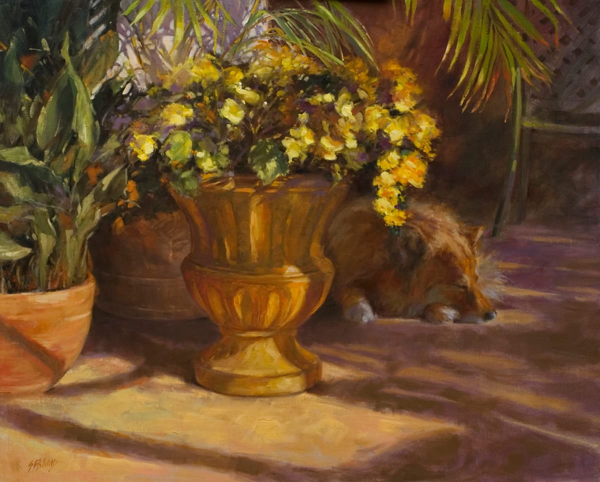 Afternoon Light by Susan Blackwood  OPA  AIS  Image: Our sweet dog Zoey was sleeping among the shadows on our patio. Her warm color blended into the background. I painted this so the viewer sees the flowers first than discovers Zoey. 