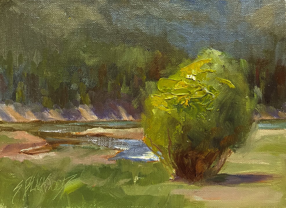 Creek  Image: Along the edge of a creek in Montana. Plein Air Painting with palette life on the bush to catch the light and sparkle.