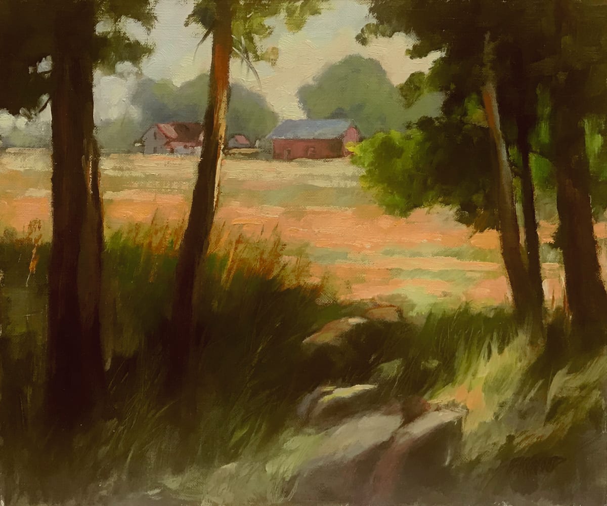From the Shade  Image: Plein Air painting near Axtel Bridge in Bozeman, Montana. Our gang of artists loved to meet there every Saturday morning to paint the variety of scenes in every direction. I love this farm house and barn across the field and through these trees.