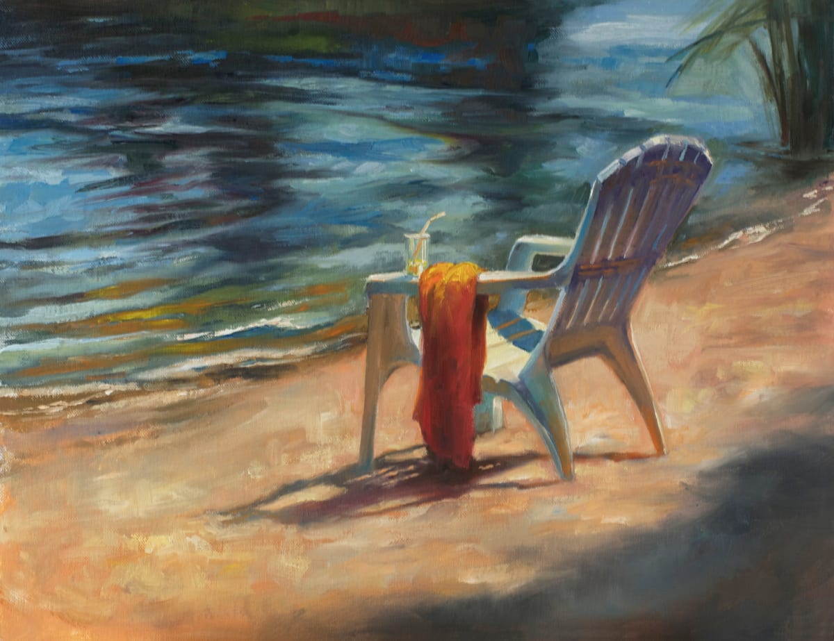 In for a Swim  Image: Chairs have so much language.  This plastic chair sitting quietly by the water's edge said volumes about peace, quiet and special places. To make that even more evident, I added the glass of lemonade, the straw and the beach towel. 