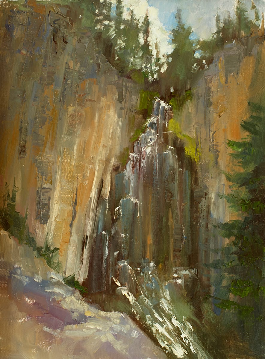 Palisade falls  Image: I visited Bozeman, Montana for the first time in 1992.... that is when I was introduced to Palisade Falls. Looking at this amazing waterfall towering over my head, I knew, I had to move to Bozeman. I lived there for 30 years, painting the wilderness all around the Rockies. This painting was created on location, sitting at the feet of this powerful creation. 