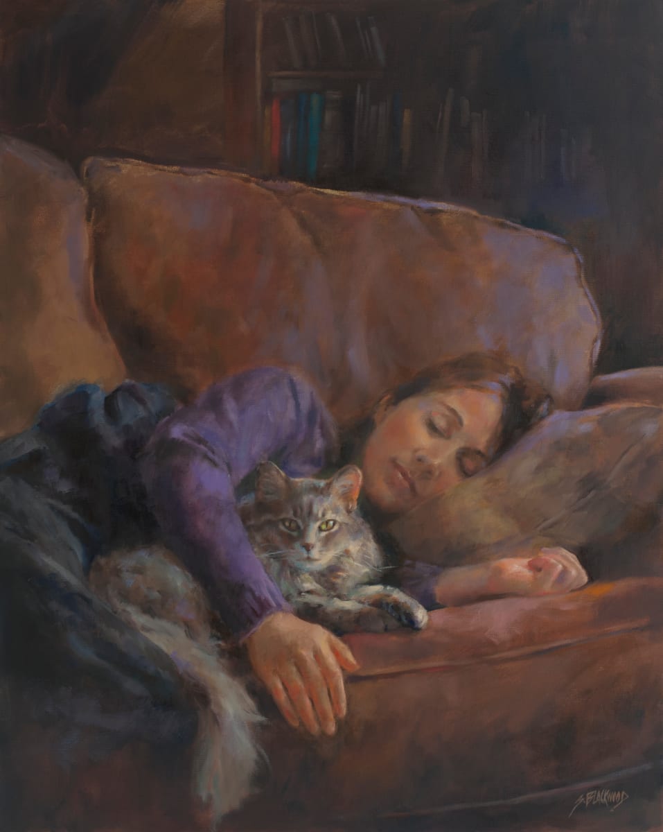 Perfect Nap  Image: Our dear friend and incredible artist was staying at our house while she taught in our studio. One afternoon she laid down on the couch and our cat, Rocky, curled up next to her. I grabbed my camera. Thus, this painting was born.