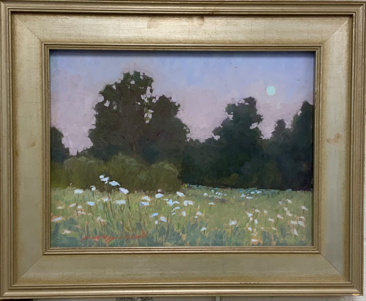 Summer Evening  Image: In this painting i was trying to capture the light as the moon was rising in the distance. I like the Queen Anne’s lace flowers standing tall.