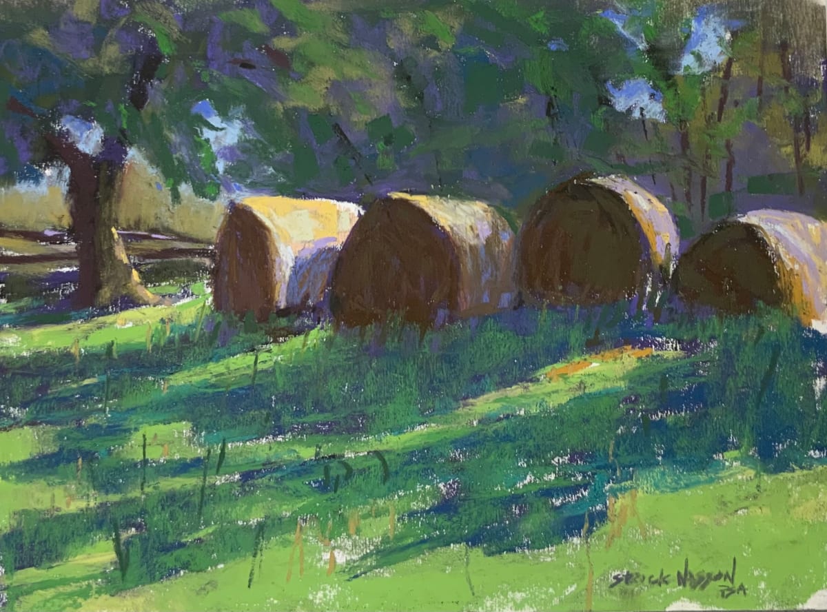 HayBales on Wolf Creek Road, Brookville  Image: In this painting I just happened to see the sunlit haybales, it seemed like a good place to stop and paint that light. 