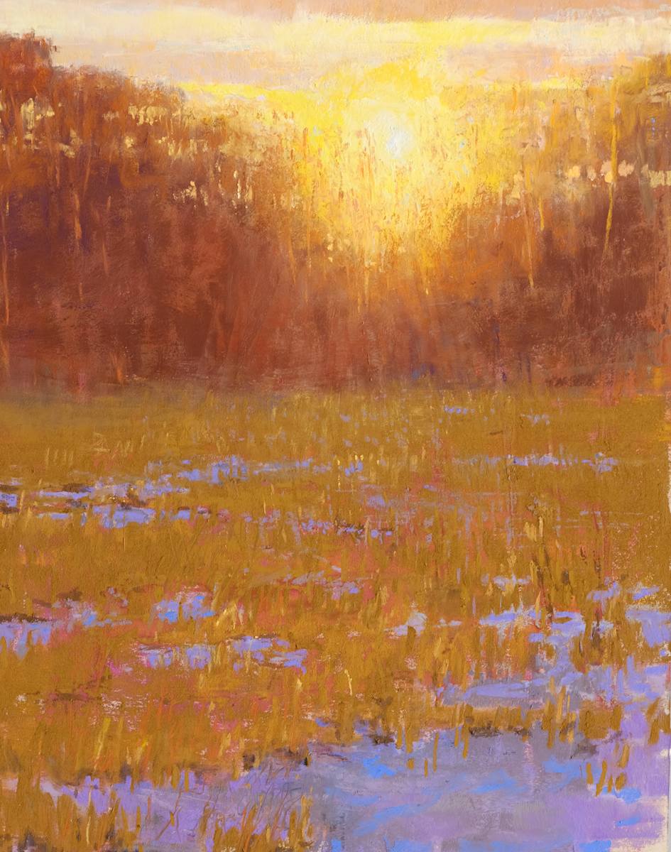 Radiance by carol strock wasson  Image: This painting is a serene tribute to nature’s everyday wonders. It's all about balance and harmony, drawing inspiration from those fleeting, beautiful moments the sun gifts us twice a day. The blend of warm and cool tones brings a certain depth, inviting you to pause and lose yourself in the landscape’s quiet charm. It's an invitation to find a moment of peace within nature's embrace.