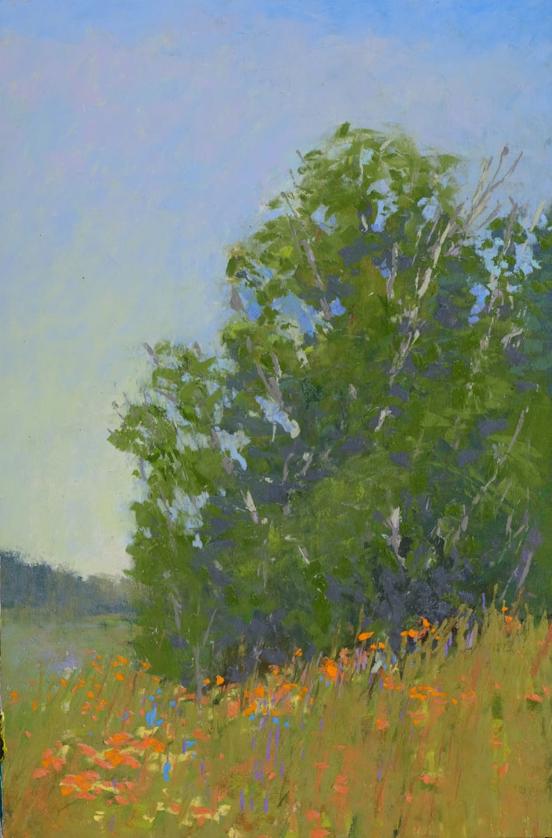 Tree with Orange Wildflowers by carol strock wasson  Image: Part of a series of paintings focusing on the many changes in the landscape during the summer months