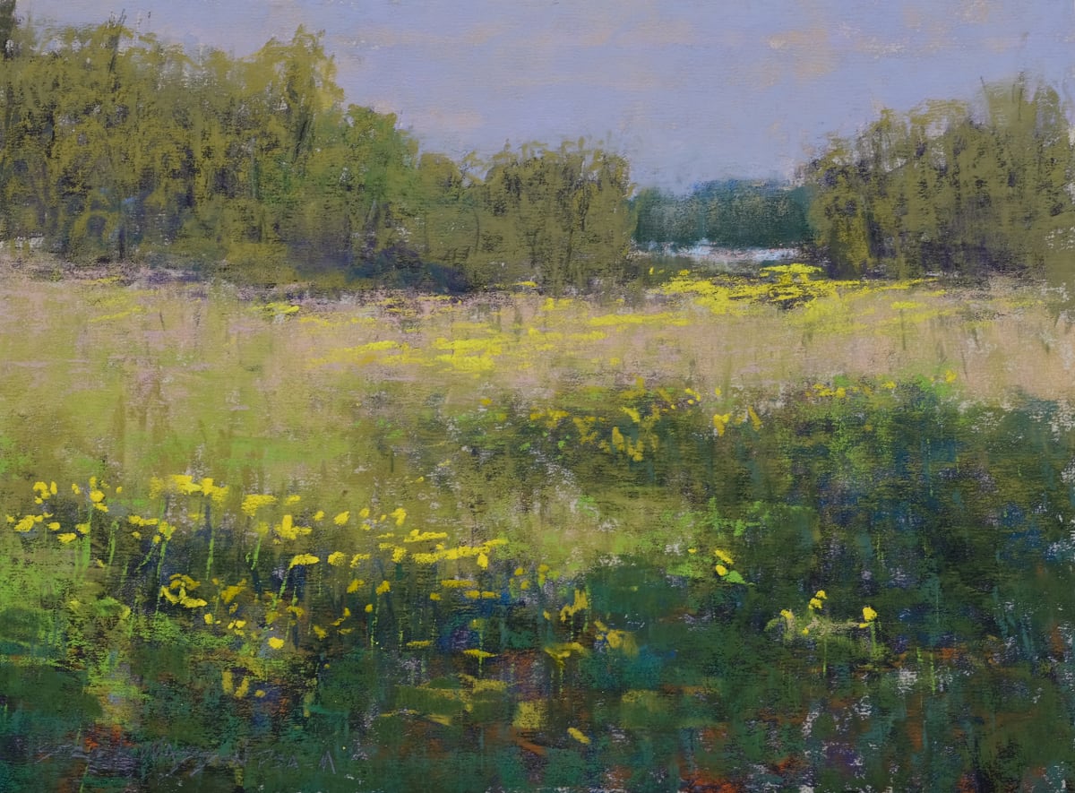 A touch of Yellow by carol strock wasson  Image: This painting was painted "En Plein Air" at the First Brush of Spring 2024 in New Harmony Indiana.
The road is near the Barn Abbey and shows the brilliant Yellow Butter Weed in the marshy land around the Wabash River. This year the Butter Weed was brilliant and difficult to paint. Is there a pigment as bright as the yellow flowers? 