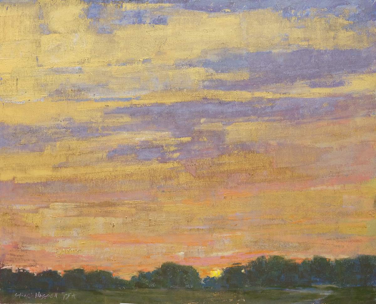 Truly Golden Sunset by carol strock wasson  Image: Gold acrylic was used as an underpainting, pastel was applied, and more gold acrylic was laid on top.
To create a golden look to a sunset.