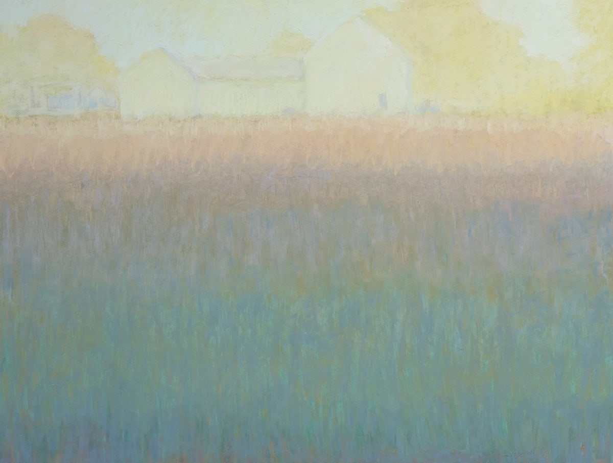 Glare  Image:  “Glare” is a painting about that intense light that we first see on a summer day after coming outside into the brightness from the dark inside.  A light so bright that we must squint to observe our surroundings. The idea for this painting started with a 6x8 plein air pastel and asking a question “What If I minimized the landscape and focused only on the light?” I found that light is extremely hard to interpret with pigments, I had to rely on color value, intensity, and most importantly color relativity to finish this painting. 