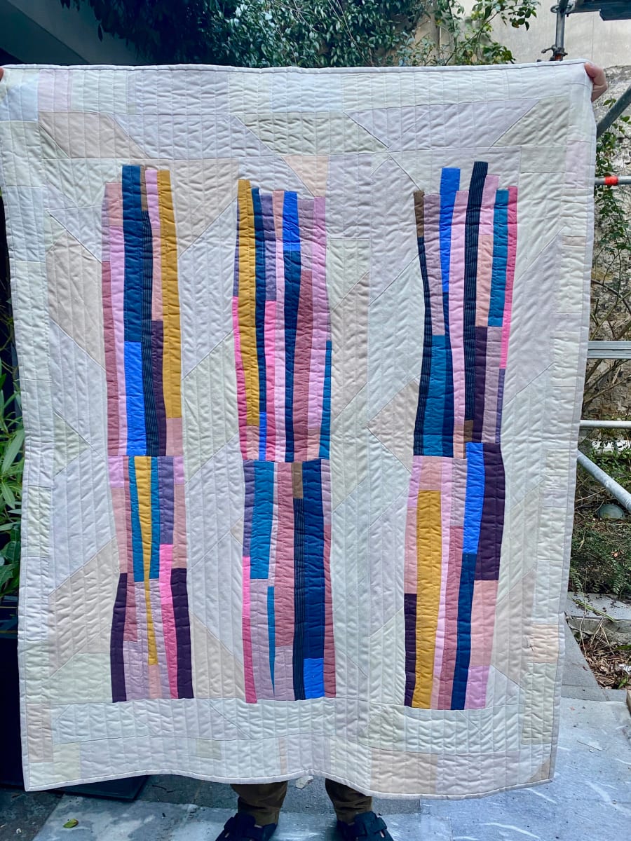 "Are we at the gas station?"  Image: Improv quilt using mostly recycled fabrics. 