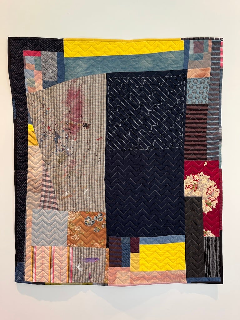 "Traces of dutch school of painting N°2" by Isabel Buchanan Studio  Image: Upcycled rags from a painting school in Amsterdam, sashiko embroidered panel, fabrics from shirts and other clothing and commercial cotton fabrics. Machine quilting . 