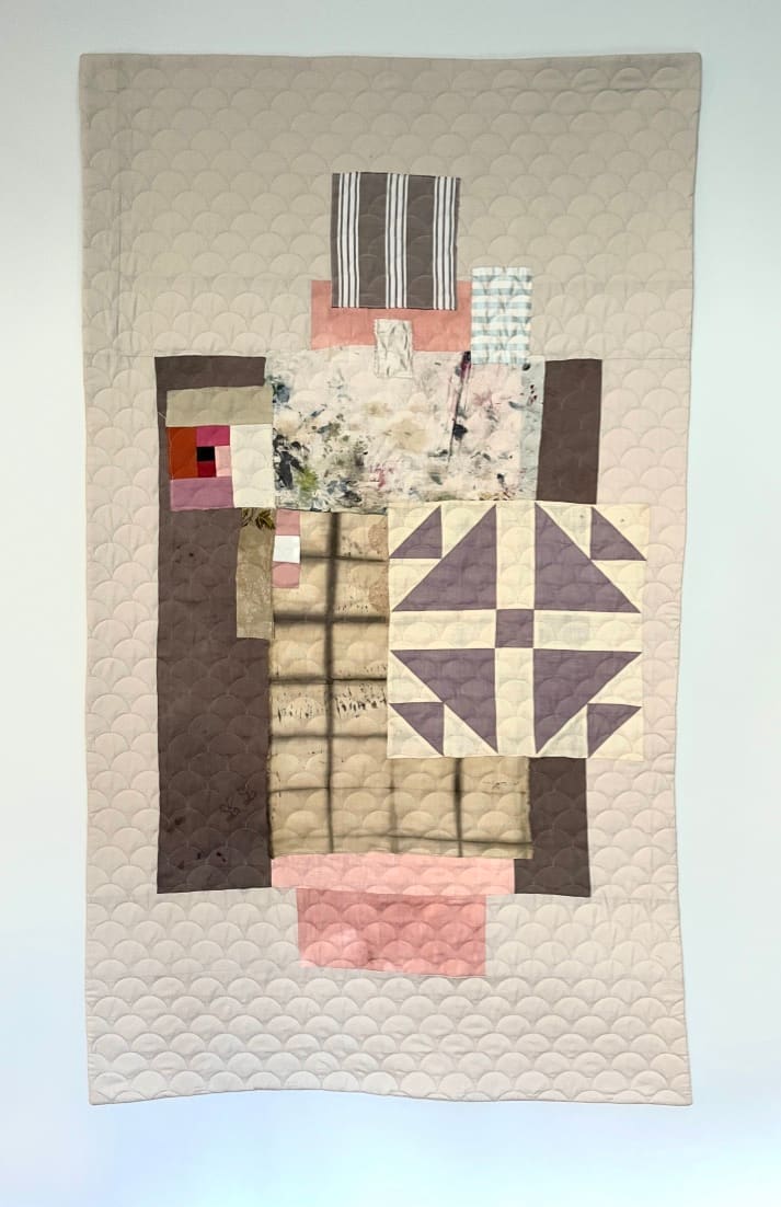 "Traces of my father" by Isabel Buchanan Studio  Image: Painters rag, vintage quilt square, used shirting fabrics, hand dyted fabrics, commercial cotton fabrics. Machine quilting. 