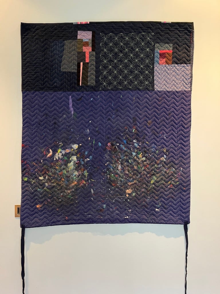 "Traces of a printers apron" by Isabel Buchanan Studio  Image: Paint splattered printers apron , various cotton pieces including upcycled mens shirts , sashiko embroidery , commercial cotton fabrics. Machine quilting. 