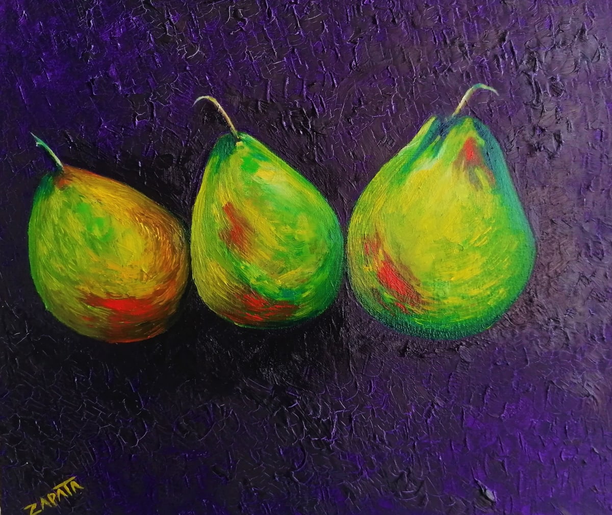 Pears on dioxazine purple background  Image: Composition of 3 pears on dioxazine purple color background. Gesso and impasto texture.