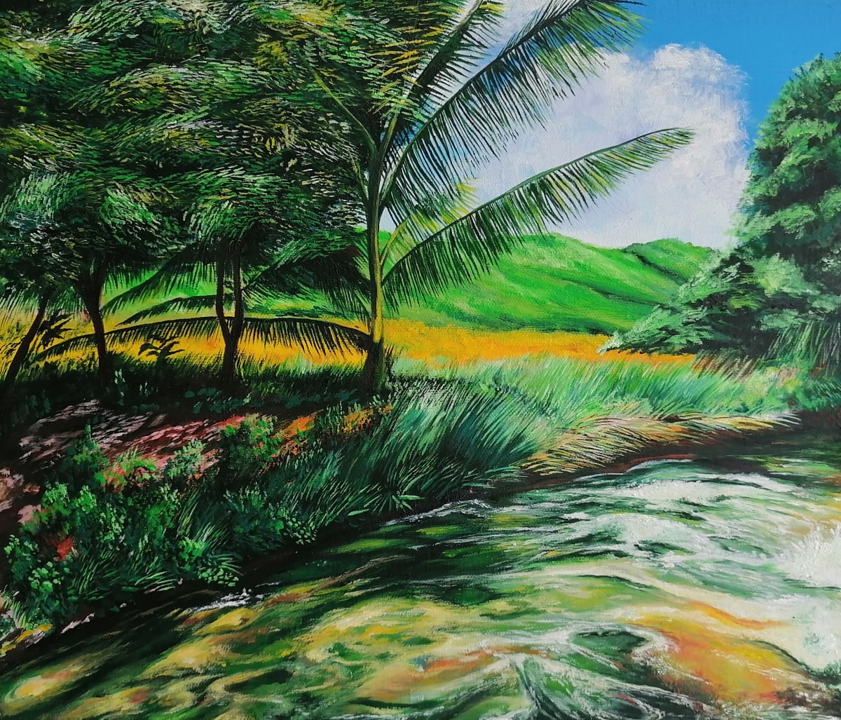 Landscape on yellow background by Victor Zapata  Image: This is a painting of the Santa Maria Nutio River. Yellow fields and crystal clear water make a unique scene of beauty and calm.