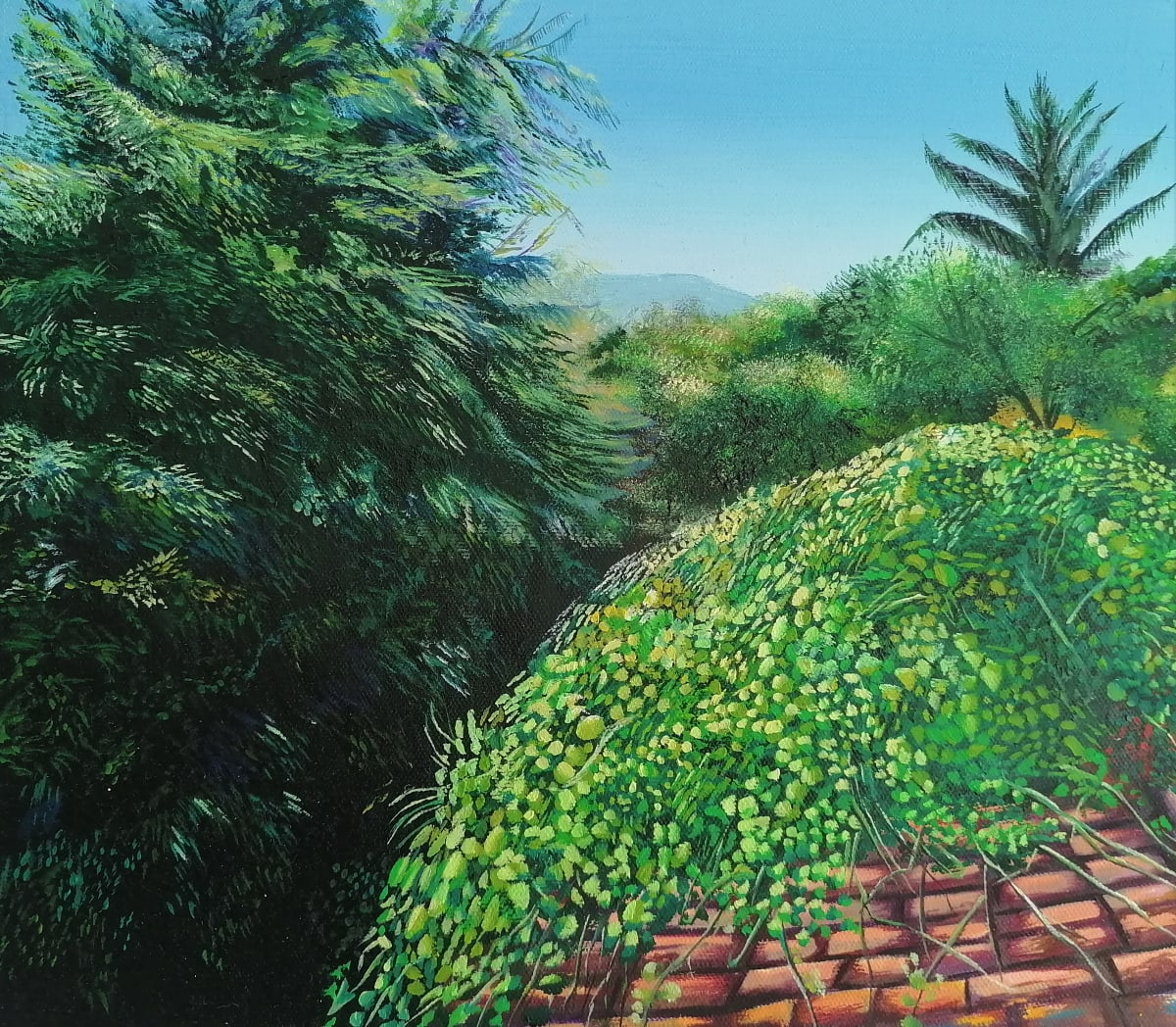 Roof tiles, Oaxaca  Image: These clay roof tiles belong to one of the houses built at the Coast of Oaxaca. I painted this artwork to preserve the contrast between the green background of the landscape and how leaves have covered the roof.