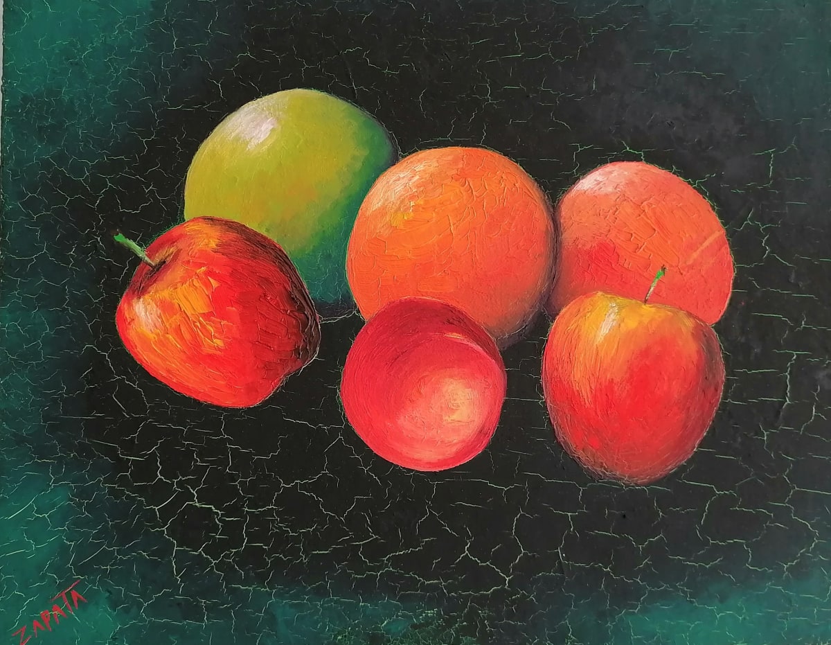 Red fruits on green background  Image: Composition of oranges, apples and one peach on green color background. Gesso and impasto texture.