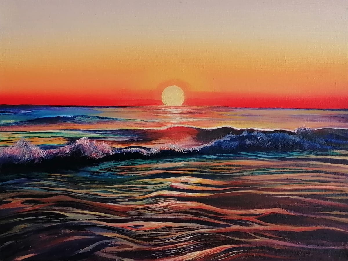 Sunset at the Bacocho Beach, Oaxaca II by Victor Zapata  Image: Sunsets by the Oaxacan beach are simply beautiful! This is a piece I painted from my experience of swimming in the golden waves.