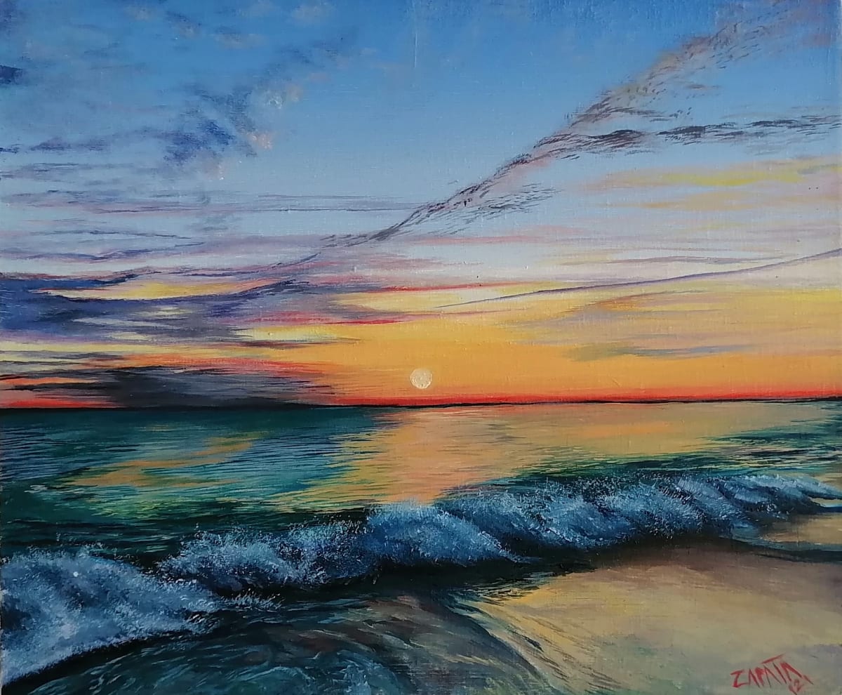 Sunset at the Bacocho Beach, Oaxaca  Image: There is magic at the Oaxaca Beaches. I painted this piece on the site then it was detailed on the temporal workshop I installed near Puerto Escondido. It was an amazing experience to live the sunset an capture it on canvas.
