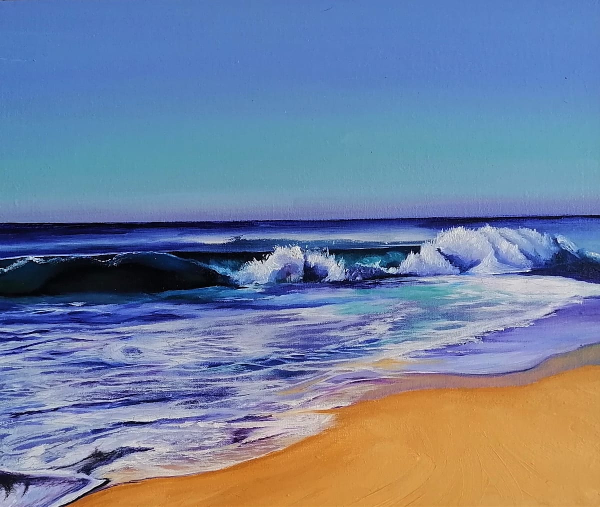 Noon at the Bacocho Beach, Oaxaca  Image: This is seascape I painted from Bacocho Beach, near to Puerto Escondido in the Coast of Oaxaca, Mexico.  The sun was really hitting the sand and waves were very strong hitting so hard the sand, too. This is a favorite place for relaxing, fishing and near to beaches where people surf.