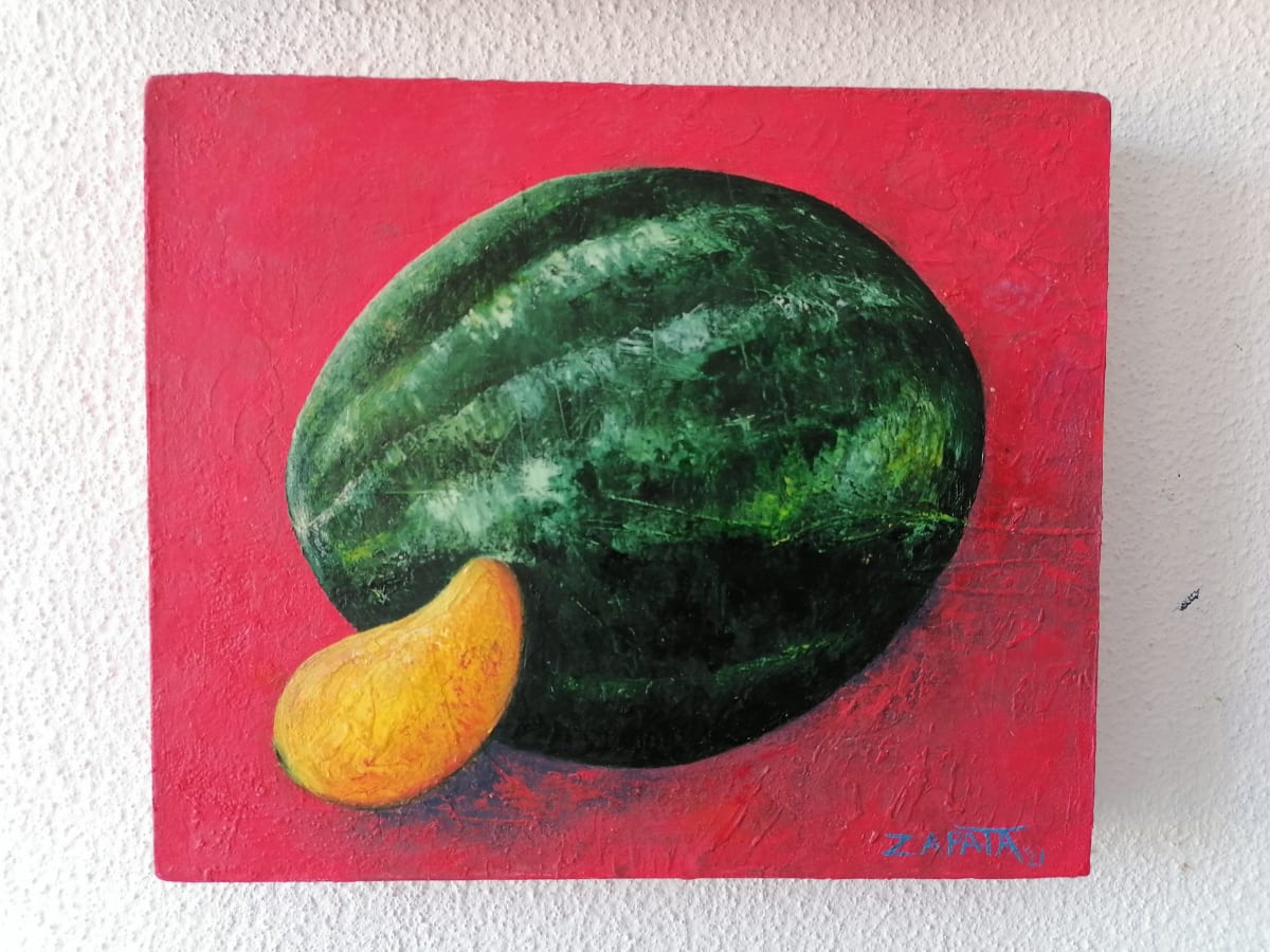 Watermelon explosion with mango  Image: Composition of a watermelon with mango on a red color background. Gesso and impasto texture.