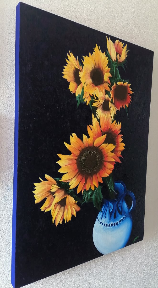 Sunflowers with Talavera vase  Image: Beautiful composition of various sunflowers drawn in perspective and painted in oil colors.