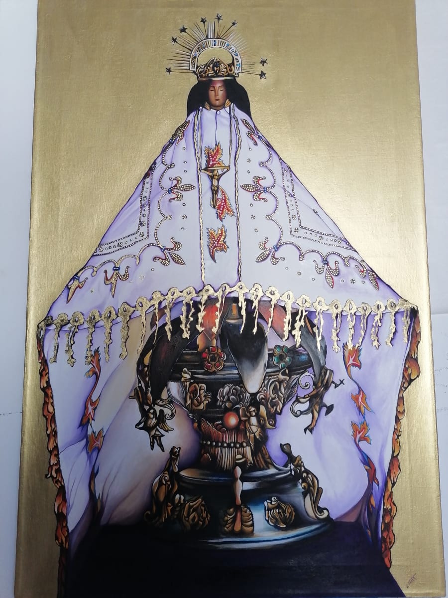Virgen de Juquila on golden background by Victor Zapata  Image: This is a paiting from the "Virgen of Juquila". The "Lady of Juquila of the Immaculate Conception" is a Marian devotion from the town of Santa Catarina Juquila, in the state of Oaxaca, México.