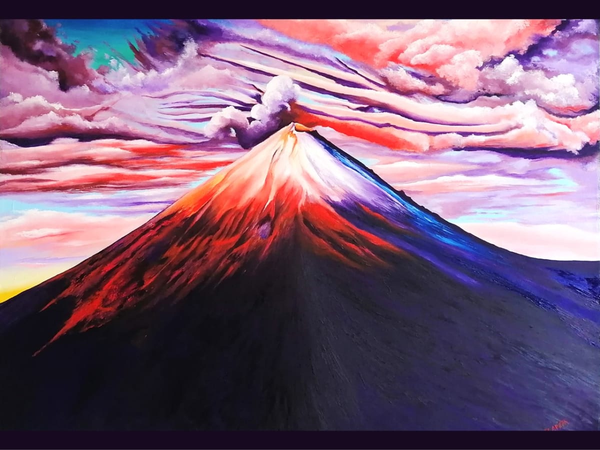 Clouds dancing with Popocatepetl volcano  Image: Only 3 main pigments were used to create this piece: red, violet, and blue mixed with white. The key idea was to create different backgrounds that represent the level of distance of clouds, and give the idea they are dancing around the volcano.