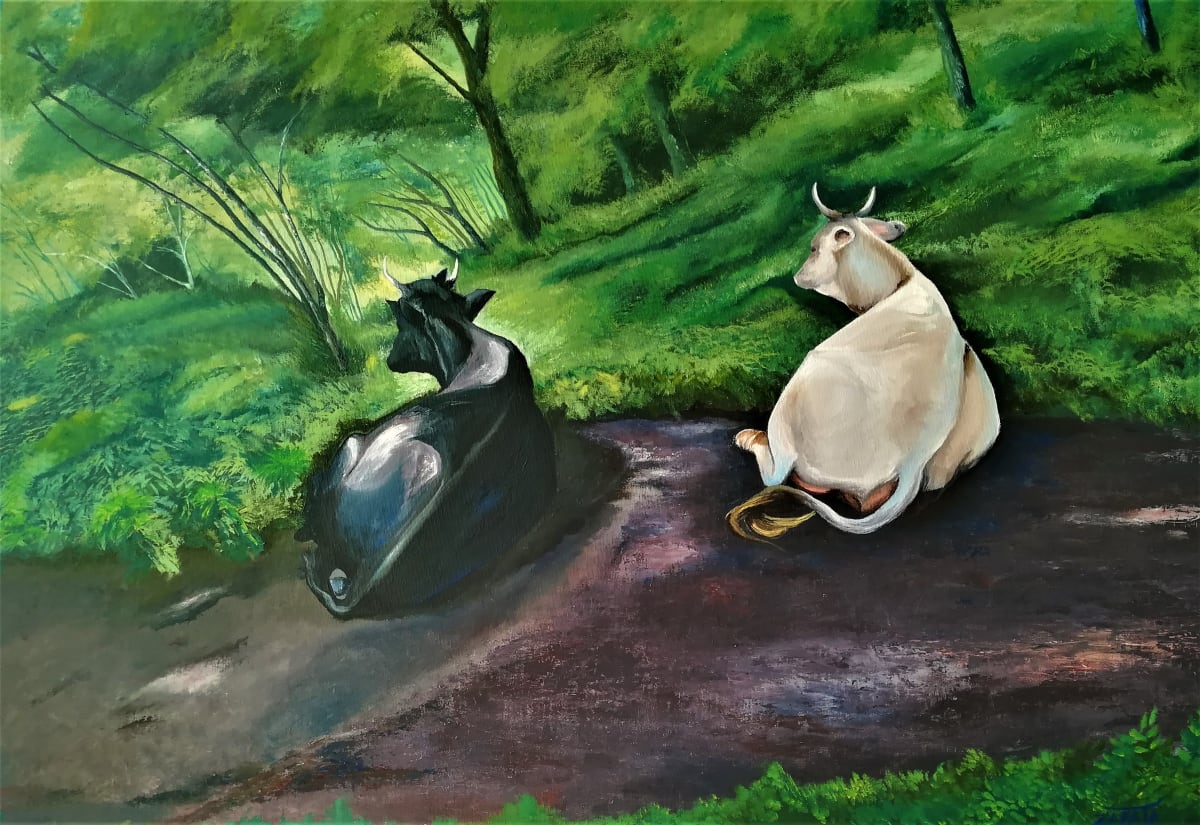 Cows in the reparo  Image: The story behind the painting ″Cows in the shelter″, narrates the care that is given to the cows by the people of the town. 

Cows roam free in the mountain but, once they are called and herded, they are gathered in an open area called ″reparo″. There, they lick salt on stones, get vaccinated, and milked. People make rich cheese from this milk then wrapped in "buchicata" leaves. Otherwise known as elephant ear plant which is a large-leaved plant that grows on the banks of streams. 

One day, two cows decided to rest and look at the landscape. The composition of this painting is based on perspective and duality: the contrast between black and white cows as well as the contrast of the thickness and depth of the mountain with the light and flatness of the "reparo".