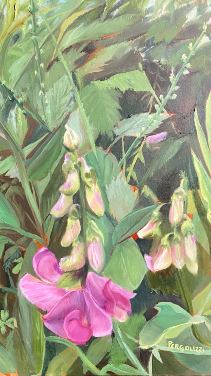Oh, Sweetpea by Rosemary Pergolizzi  Image: Morning walks in the summer heat led to the discovery of a bunch of little hot pink flowers in a hedgerow of wild greens.
