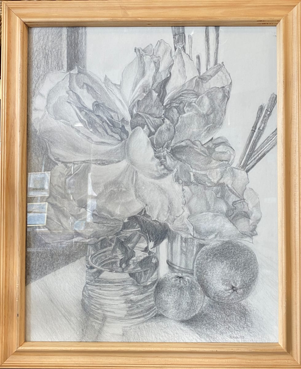 Roses and Oranges  Image: Drawing always satisfies my need to investigate objects and observe details. I started to do this piece as a preliminary study to a painting. I became obsessed with recording the nuances of shape, line and values in the still life before me.