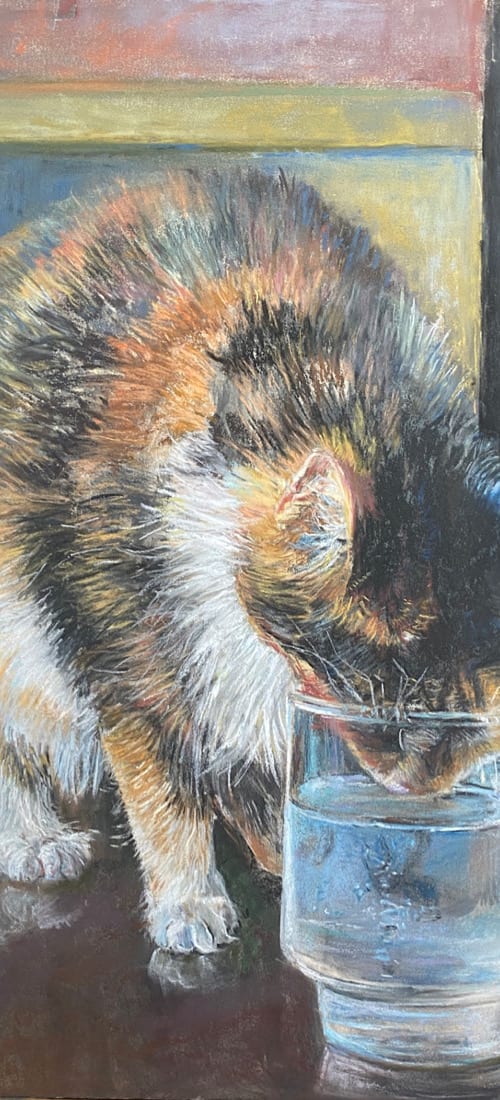 Refreshing  Image: Pastel of Patches caught stealing a sip of cool water.