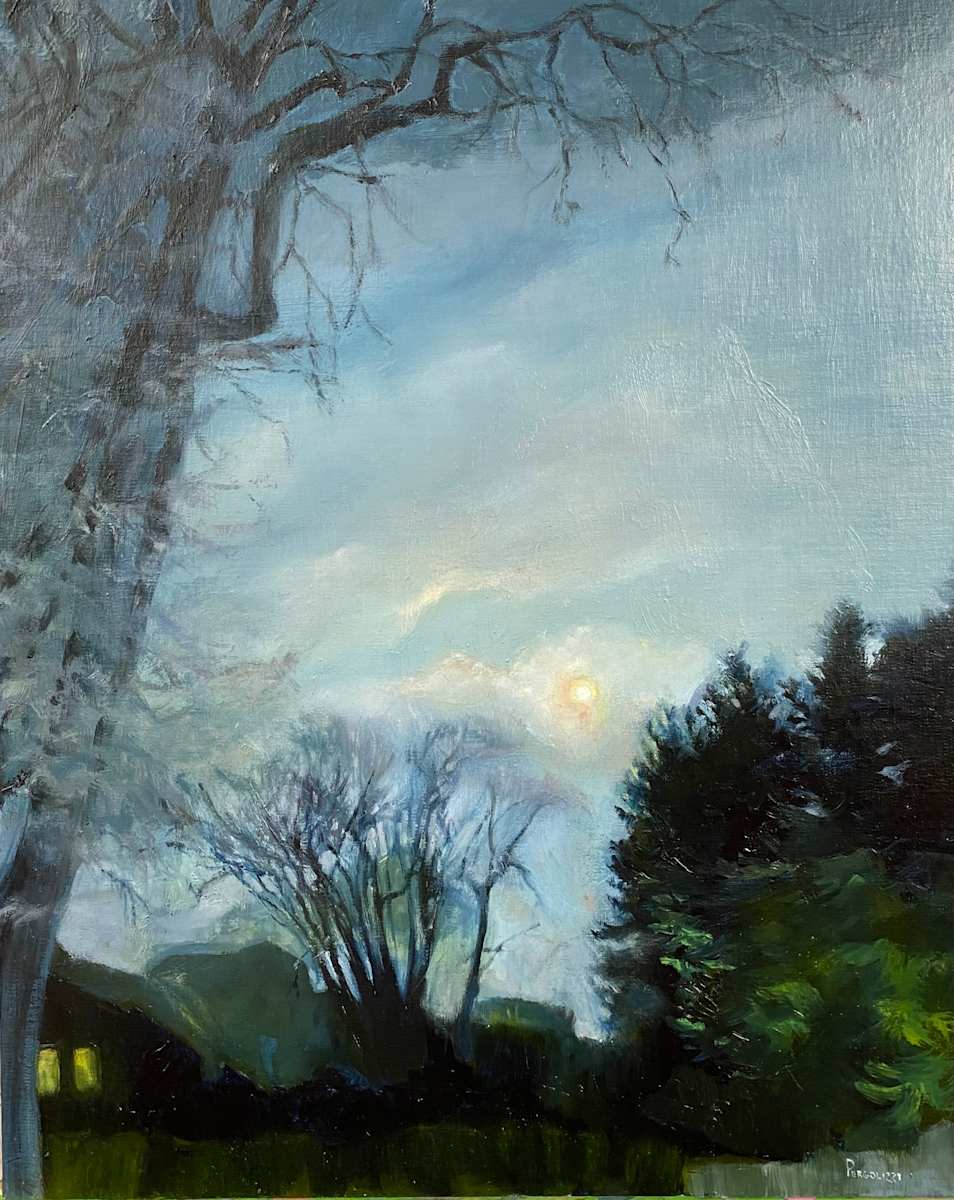 Neighborhood Nocturne by Rosemary Pergolizzi  Image: Moon rise at 6 a.m. on St. Paul Boulivard