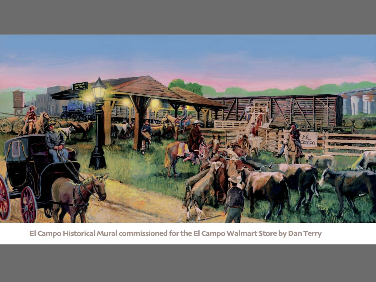 El Campo Historical Mural Commission for Walmart by Dan Terry  Image: Historical Mural of El Campo in around 1880 when it was still known as Prairie Switch as a railroad stop on the NY/Mexico railroad to pickup cattle, hay and produce destined for points both north and south.  The commission by Now Art LA is the fourth such commission from the public arts agency for Walmarts in Texas.  The mural will greet visitors to the El Campo Walmart store and is 12'x24'. The original was created in acrylic on paper.