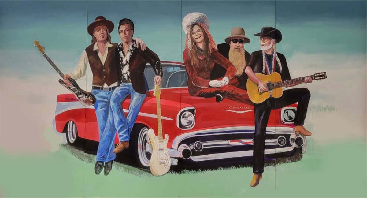 Austin Music Legends Mural by Dan Terry  Image: Commissioned to create a mural of Austin music legends, this 8'x24' work features from left to right, Stevie Ray Vaughan, bluesman Jimmy Vaughan, Janis Joplin who lived and performed in Austin prior to becoming a superstar at Threadgills, ZZ Top guitarist, Billy Gibbons, and Willie Nelson with his beloved and battered "Trigger" Martin M-20 guitar. 
