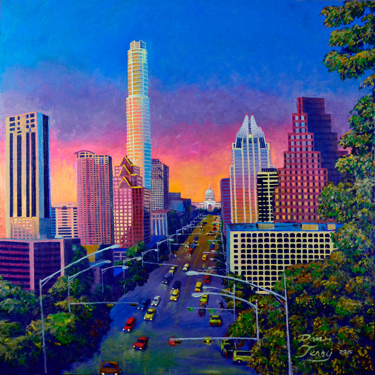 Austin Sunset 26x24 Artist's Proof #1 of 2 Proof 1 by Dan Terry  Image: This limited edition is a fine art print of the original oil on canvas painting done by the artist personally in his studio atellier on his large format 7 color, Canon Pro2000 fine art giclee printer on quality canvas to museum standards. Austin Sunset depicts a moment in time of the ever changing Austin city skyline done over a year's time in 2015. Its mood evokes a sense of loss and nostalgia for the city known for it's artistic environment that nurtured creativity and innovation. The sunset represents the end of the day for one Austin, snapshots of memories of Austin's past as a new emerging metropolis looms inevitably. Each 26x24" print is hand signed and numbered and comes with a signed, stamped and sealed Certificate of Authenticity verifying it's creation by the artist personally in his studio atellier in Austin, TX. • To quickly and easily purchase this work, simply scan the code and when prompted type in the listed price on the label. You will be able to pick up the work upon the exhibit's close on April 15, at which time the artist will also provide the signed and stamped official Certificate of Authenticity for the work for your records and insurance purposes. 
