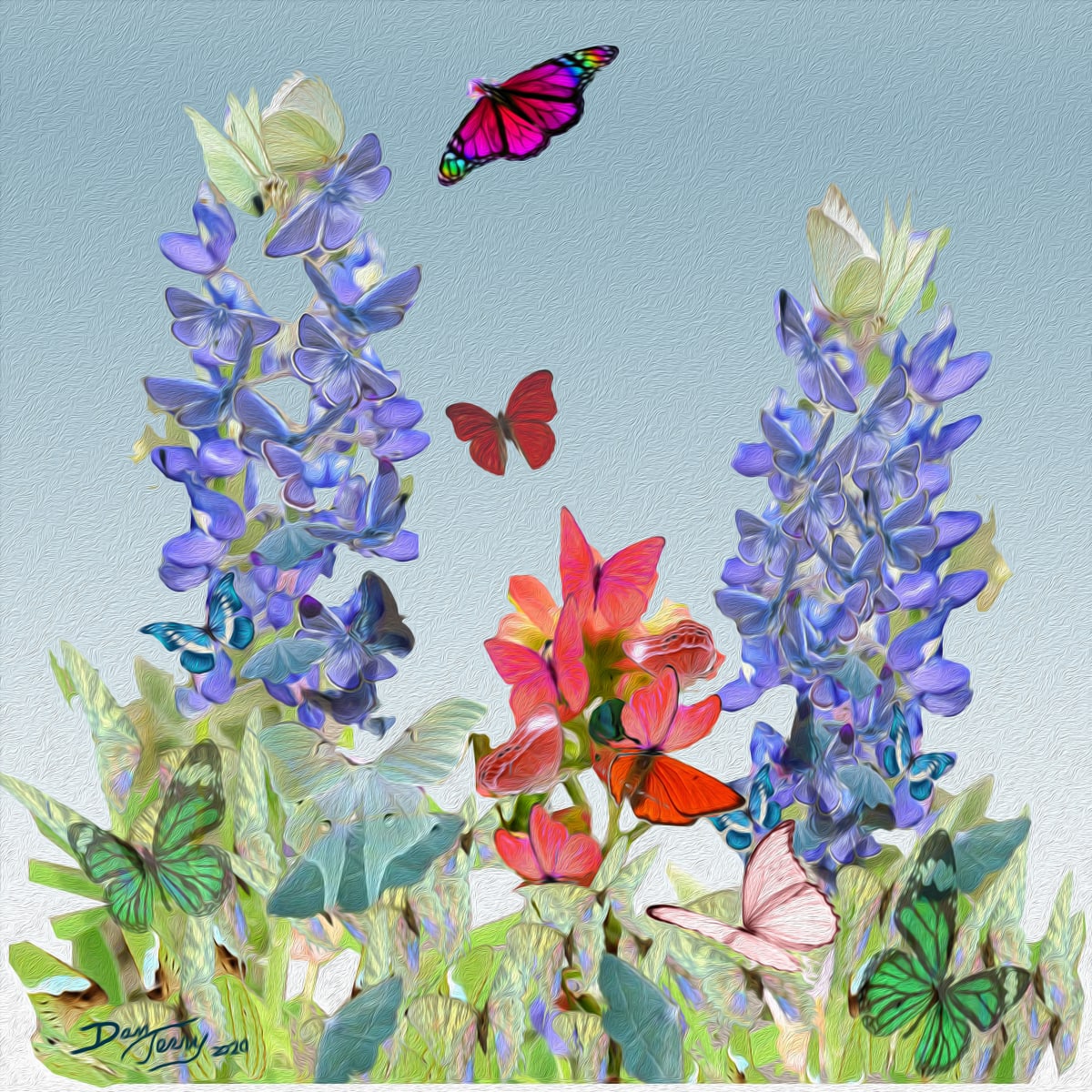 Butterfly bluebonnets Limited Edition Giclee by Dan Terry  Image: For those who love both butterflies and bluebonnet wild flowers this print combines both into a unique image where flora and fauna merge. 
