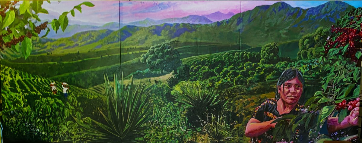 Madrone Coffee mural  Image: Commissioned by Madrone Coffee Roasters for their retail and national distribution center in Austin, TX, this work on canvas shows the landscape of their Nicaraguan growers. 
