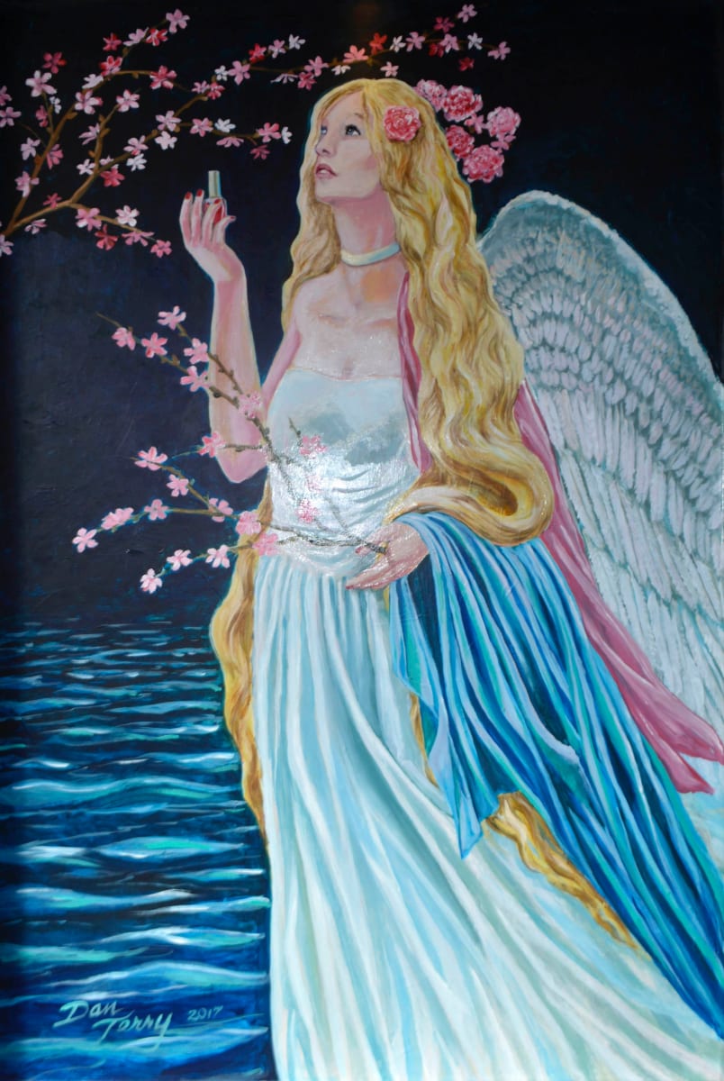 Angel with Cherry Blossoms mural by Dan Terry  Image: This fanciful angel in a flowing gown is a mural located at a Nail Salon in the Galleria in Bee Caves, Tx about 20 miles west of Austin.  