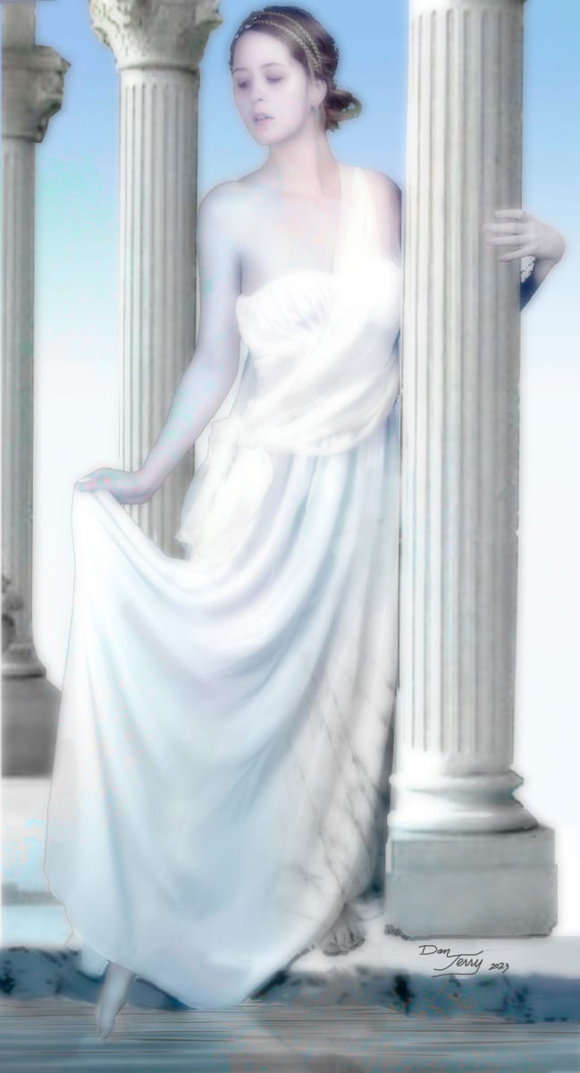 Aphodite - Study in Opalescence by Dan Terry  Image: Aphrodite - study in Opalescence, one of the works in the Women & Myth, Legend & Literature series, is a digital photo-painting  in opalescent tones of white, greys and pale blues and pinks, based on a color palette typical of an opal or abalone shell. It's a study in contrasting extremes between hard edge classical architecture and soft, ethereal organic flowing forms. She exists in the nether space between a lyrical living being and a sculpted marble statue, bridging myth and reality. 