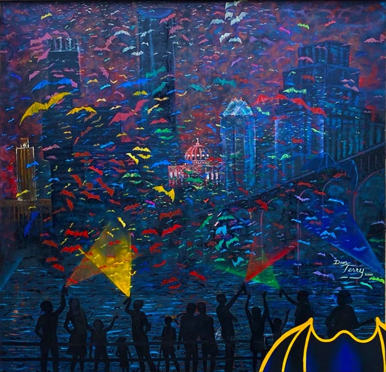 arboretum "bat tagging" mural UV dayglo  Image: "Bat Tagging" against Austin skyline (daylight view). Custom UV lighting illuminates dayglo paints for night viewing at the outdoor park at the Arboretum Shopping Center. 